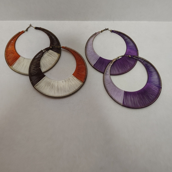 4" Large 3 Tone Silk Thread Wrapped Gypsy Hoop Earrings Lot Of 2 - Picture 1 of 6